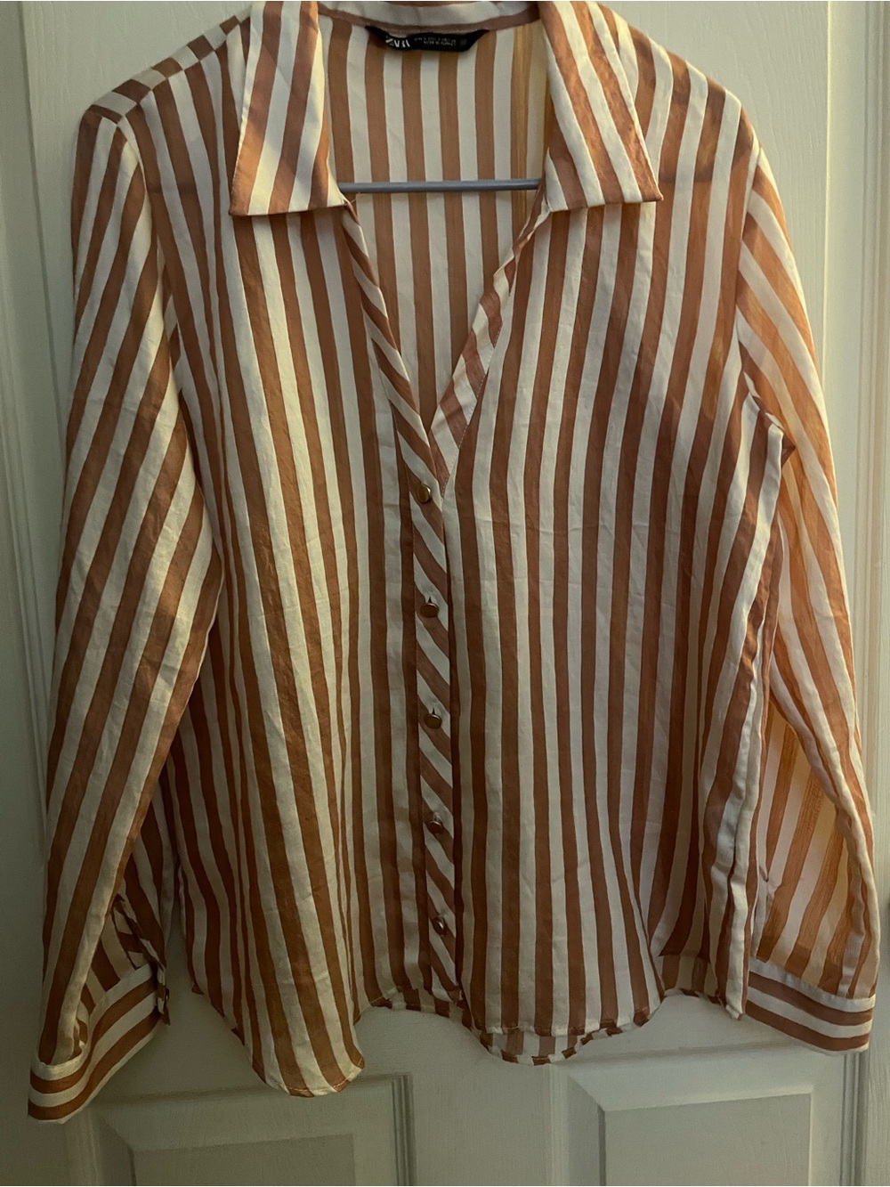 Zara Striped Button-Up Shirt in White and Rust